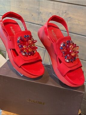 Baldinini Red Jeweled Platform Slingback Sandals